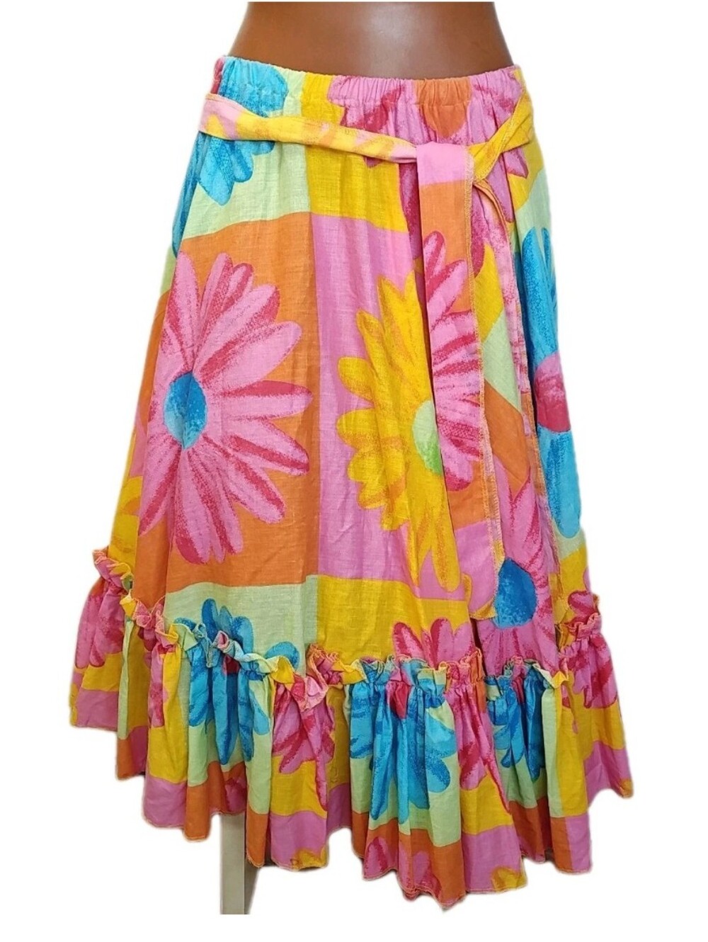 Vtg Tiered Ruffled Hem Pleated Circle Skirt S/M/L Retro 80s Floral Mod Pop Art